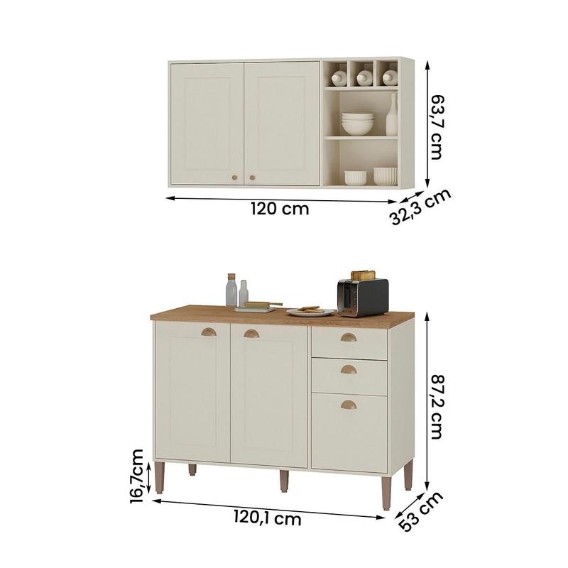 Conjunto Cozinha Tunísia 120cm 5 Portas com Aéreo e Balcão - Loja